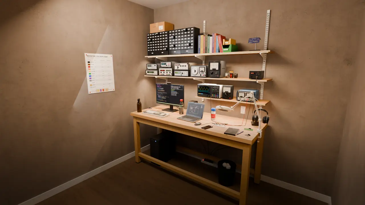 A home electronics workbench with shelves of test gear, rendered in Blender